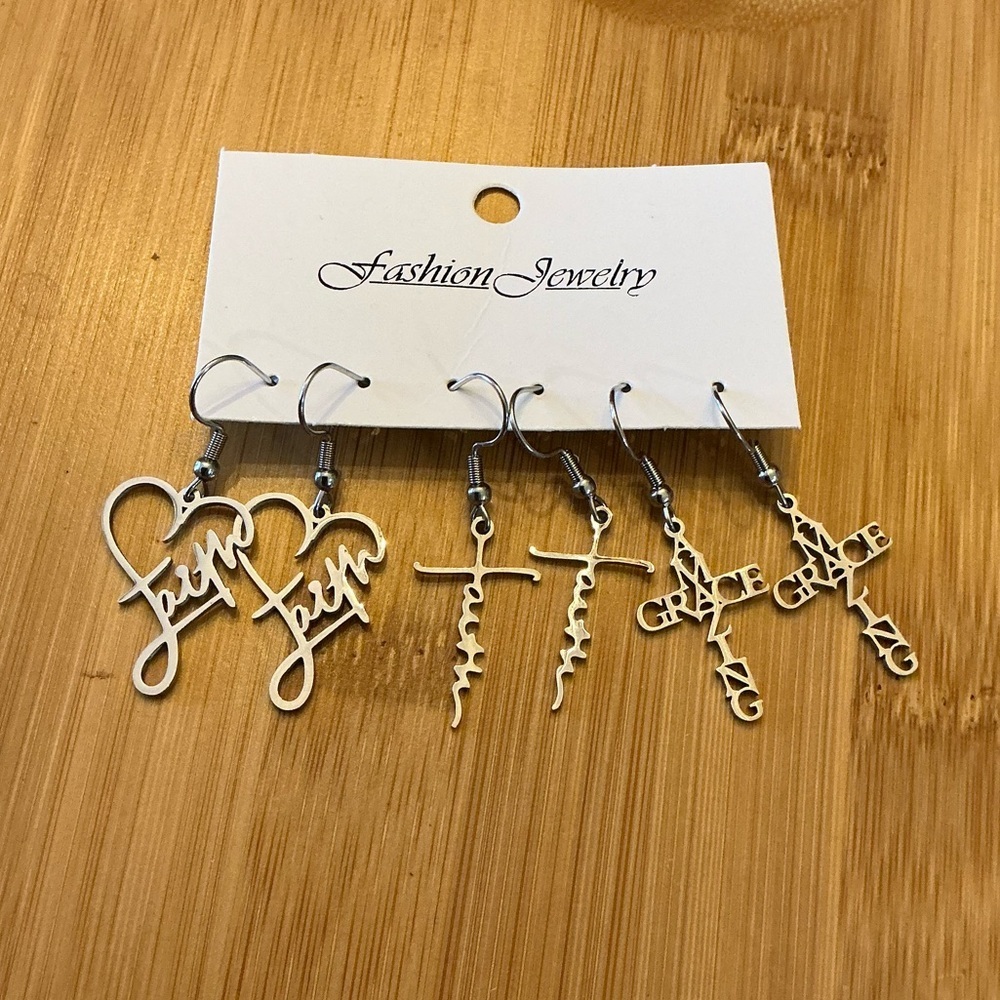 Fashion Jewelry Silver-Tone Script Name Heart, Tornado & Word Cross Earring Set